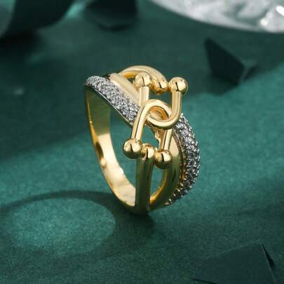 1 件高品质欧美方晶锆石镀铜 18K 金双层星空马蹄十字架不锈钢戒指，女士礼物和日常佩戴