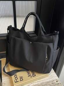 1 pieza Bolso de mano casual con cremallera en negro, bolso minimalista ligero y duradero con múltiples bolsillos y correa de hombro ajustable, mochila de gran capacidad