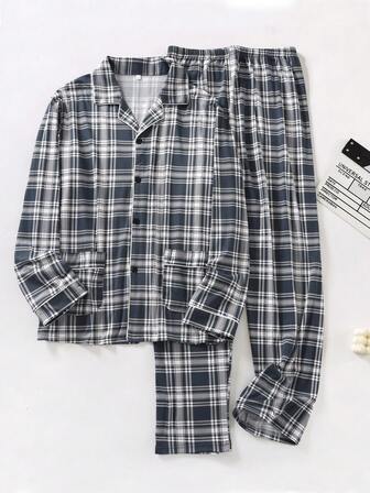 2pcs Men's Long Sleeve Pajama Set - Long Sleeve Top + Straight Leg Pants - Fashionable Plaid Print Pajama Sleepwear, Casual Enough To Wear Outside, Winter Clothes