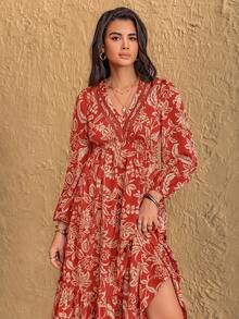 Đầm ren cổ chữ V họa tiết hoa nhiều màu sắc phong cách Bohemian dành cho nữ, thích hợp cho đám cưới, ngày Valentine, năm mới và các dịp khác, cũng phù hợp để mặc đi dự tiệc. - Màu Cam cháy - Xem 3