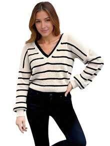 Womens Fall Knit Tops Stripe Print Loose Fit Long Sleeve V Neck Pullover Sweater - Khaki - View 6