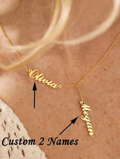 1 Piece Customized 2 Names Necklace, Personalized Y-Shaped Double Name Pendant Necklace, Couple Name, Name Drop Necklace, Women's Jewelry, Romantic Wedding Accessory Gift, Simple Nameplate Pendant, Suitable For Anniversaries, Birthdays, Valentine's Day, Halloween, Christmas Gifts