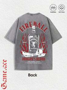 Graphic Tees Men, Fireball Whiskey Dragon Print T-Shirt, Vintage, Retro, Edgy, Casual, Streetwear,   For Men - 灰色 - 查看 4