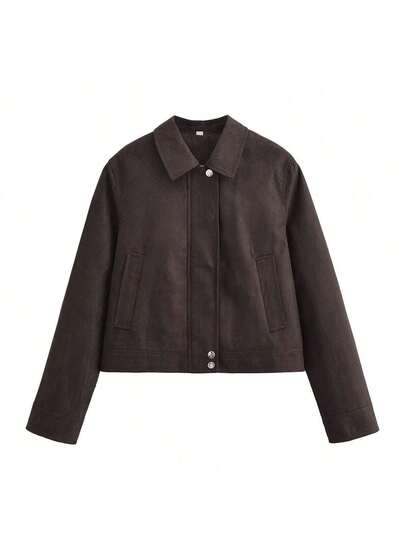 女士休闲通勤百搭纯色麂皮翻领短款夹克，简约风格，长袖外套，适合秋季穿着