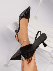 1 Pair Teenage Girls' Stiletto Sandals, Featuring Minimalist Stone Pattern Design, Fashion Casual With Adjustable Heel Strap, Suitable For Daily Wear And Party, Pointed Toe Sandals - Black - View 1