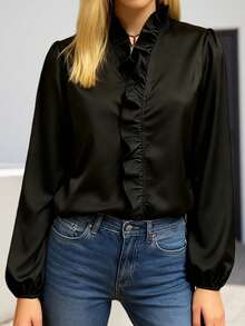 Womens Fall Shirts Lantern Long Sleeve Ruffle V Neck Solid Color Casual Office Blouses - Black - View 2