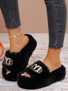 Pantuflas de plataforma esponjosas y con accesorios decorativos de moda para mujeres, suaves y cómodas, una pantufla de hogar elegante imprescindible para damas