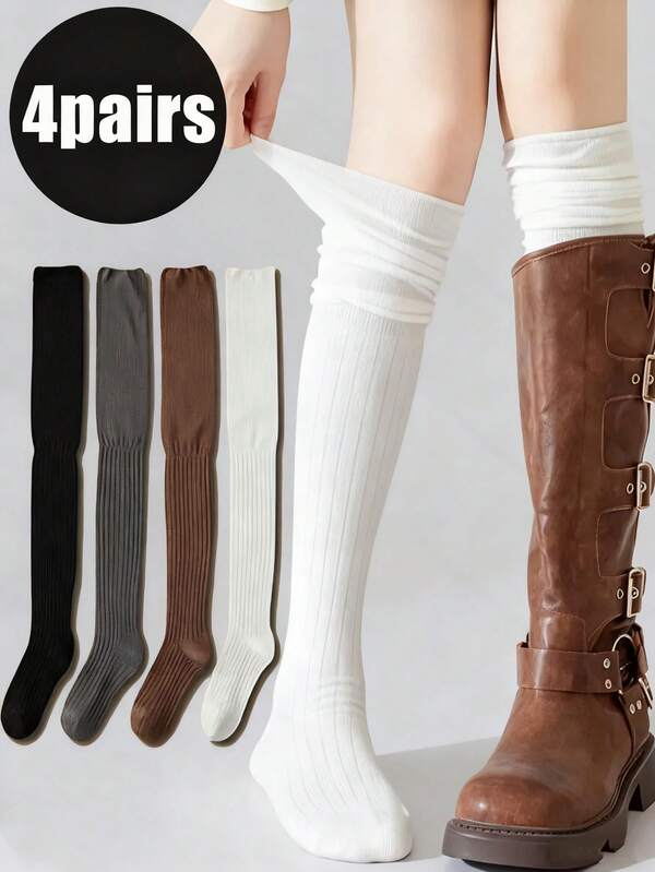 [Comfortable Over-The-Knee Socks] Available In 4 Colors Women's Comfortable Over-The-Knee Socks - Striped And Solid Colors Sexy, Polyester, Ribbed Texture Fall/Winter Long Socks Versatile JK Style Casual Wear Socks