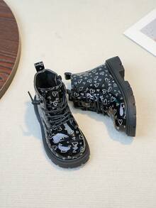 1双女童休闲街头风圆头平底踝靴，侧拉链设计，冬季款 - 黑色 - 查看 8