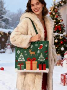 Bolso de lona grande con estampado personalizado para el hombro de mujer, adecuado para Navidad y otoño/invierno