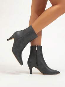 秋冬新款女士百搭保暖性感优雅细高跟尖头踝靴和高跟踝靴，猫跟鞋 - 深灰色 - 查看 4