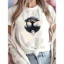 1pcs,100 Percent Cotton,Women's 180g Pure Cotton T-Shirt - Mystical Tree Of Life Hot Stamping Print With Moon & Mountain Backdrop, Geometric Nature Design For Spiritual Seekers & Casual Wear, Breathable Short Sleeve Tee,Graphic T Shirts - trắng - Xem 1