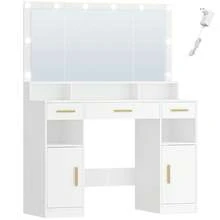 HEXCELEN Dressing Table With Large Mirror, Large Dressing Table With Drawers, Dressing Table, 3 Drawers, 2 Storage Cabinets, 5 Open Compartments, 40 * 108 * 140 Cm, White - trắng - Xem 6