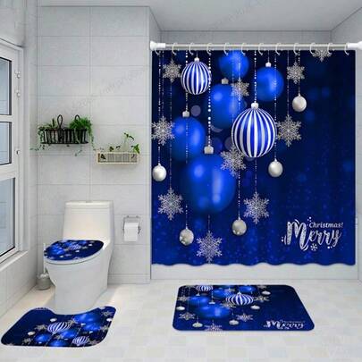 1 Set/4 Pcs Christmas Waterproof Bathroom Curtain Set With 12 Hooks, Toilet Seat, Bath Mat And Rug, Carpet, Toilet Cover, Polyester Fabric Washable Window Curtain Bathroom Accessories (Open Style), Suitable For Winter