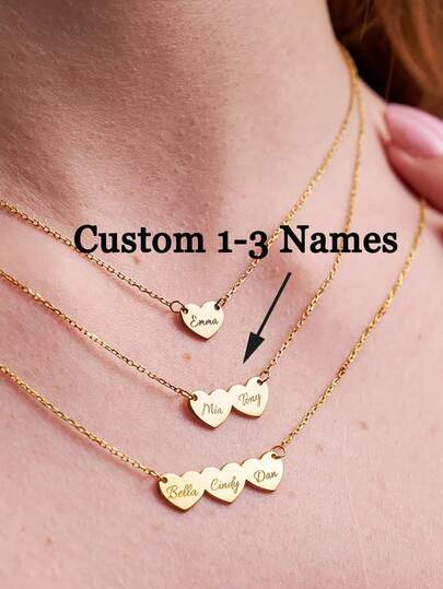1pc Customized Multi-Name Heart-Shaped Necklace. Minimalist Stainless Steel Heart-Shaped Pendant Necklace, Personalized Engraving 1-3 Names, Silver, Gold Heart Pendant, Elegant And Simple Heart-Shaped Pendant Necklace, Gift For Mom, Girlfriend, Family Jewelry Gift, Suitable For Birthday, Christmas, Halloween Gift