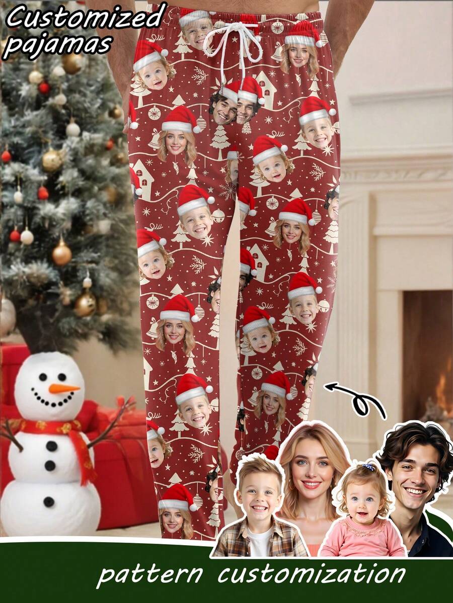 Personalized Men's Christmas Print Loungewear Pants, Casual Home Long Pants With Christmas Tree & Snowflake Pattern, Christmas Atmosphere Gift, For Fall & Winter - Multicolor - View 1