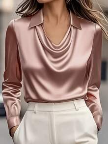 Elegante camiseta de cuello drapeado de satén blanco - 100% poliéster, lavable a máquina, adecuada para uso casual y profesional, cómoda todo el año, rosa primaveral - Negro - Ver 11