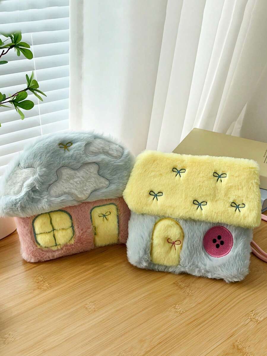 1 Piece Cute Sweet Cartoon House Bag Contrast Color Plush Girl Chest Bag Cartoon Embroidery Decoration Children's Coin Purse Versatile Large Capacity Casual Bag Daily Storage Bag Suitable For Out Play And Holiday Activities Gifts For Daughter For Students Teenagers Girls