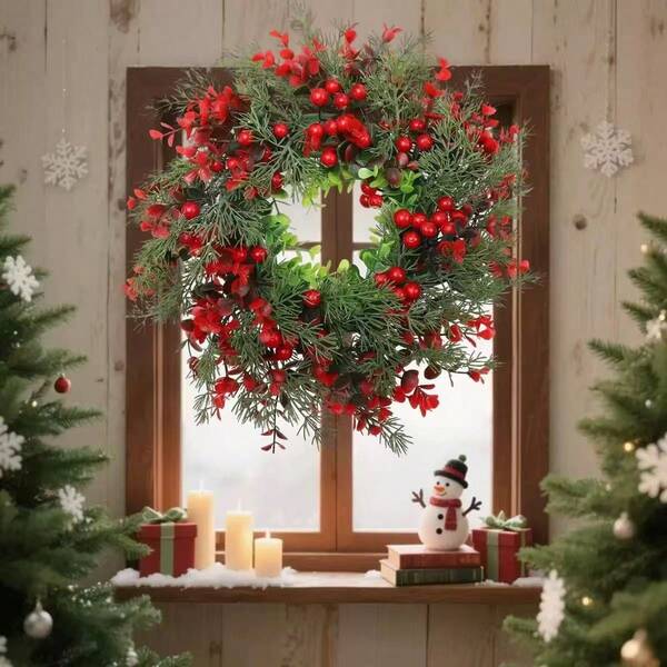 2025 Christmas Wreath - Realistic Red Berries & Green Leaves, Waterproof All-Weather Indoor/Outdoor Decoration With Hanging Hooks, No Maintenance Needed - Durable Plastic Holiday Wreath For Front Door, Mantel, Table Centerpiece - Year-Round Home Decor,
