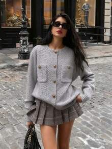 Eleganter Pendler-Cardigan mit Knöpfen und Taschen, modischer vielseitiger Damen-Cardigan mit großen Knöpfen und Langarm, Herbst/Winter Material, Weiß/Blau, Rundhals-Pullover, Langarm, Rückkehr zur Schule, Unifarben, Halloween, Schuloutfit, Basic, Niedlich, geeignet für Damen Herbst/Winter Pendeln, Freunde, Boho, Lässig, Knopf-Cardigan, Blumen-Cardigan, Damen Strickpullover Herbst/Winter