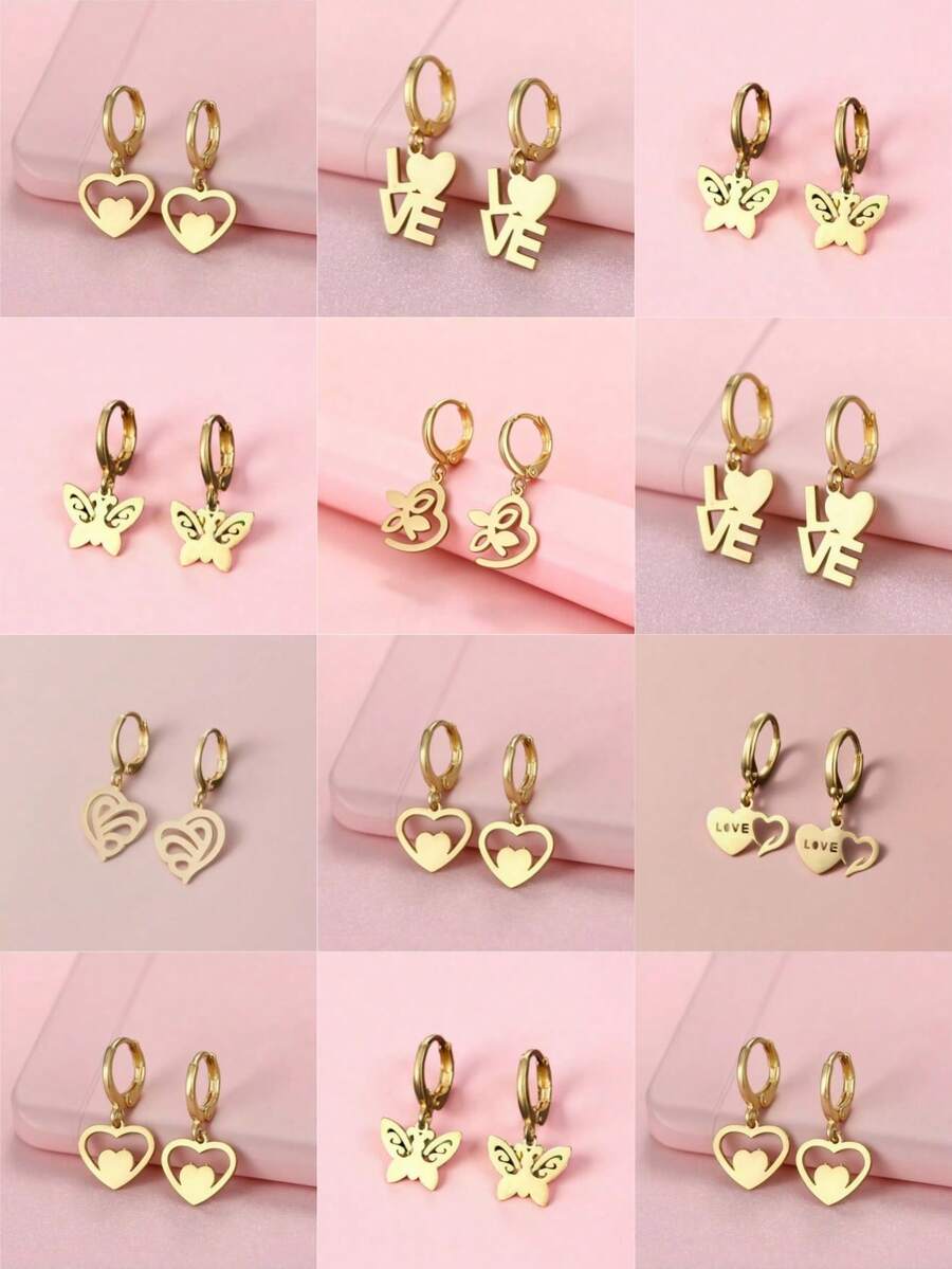 5Pairs Fashion Sweet Stainless Steel Earrings For Girls Heart Butterflies Flowers Mix Style Daily Matching Party Travel Friends Gifts Accessories