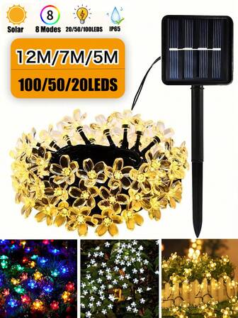 Luz de jardín solar, luces de cadena de flores solares para exteriores a prueba de agua, 5M-20 leds / 7M-50 leds / 12M-100 leds Luz de flor de cerezo, luces de hadas con sensor de luz control con 8 modos de iluminación parpadeantes, ambiente romántico, para dormitorio, césped, árbol, patio, fiesta, boda, decoración de árbol de Navidad