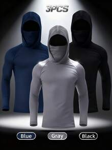 OKP 3-Pack Men's Solid Sunscreen Hooded Long Sleeve Shirt With Face Mask Quick-Drying Compression Sportswear Long Hoodie,Fishing Sun Protection Shirt,Uv Protection Clothing,Outdoor Clothing,For Outdoor Activities,Running & Fitness