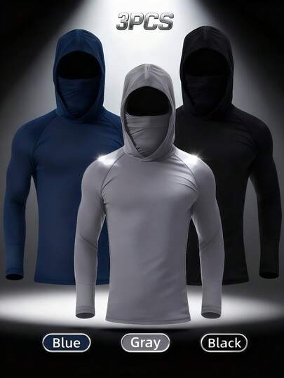 OKP 3-Pack Men's Solid Sunscreen Hooded Long Sleeve Shirt With Face Mask Quick-Drying Compression Sportswear Long Hoodie,Fishing Sun Protection Shirt,Uv Protection Clothing,Outdoor Clothing,For Outdoor Activities,Running & Fitness