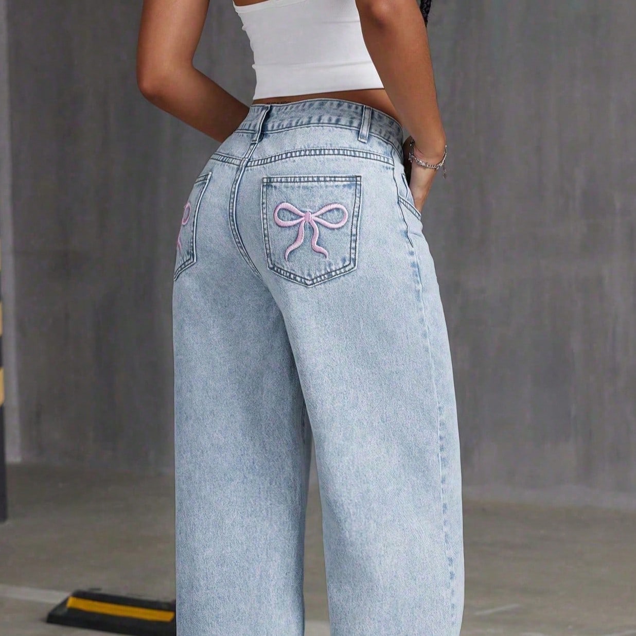 Pantalones vaqueros de pierna ancha con estampado de lazo, de ajuste holgado para adolescentes