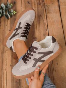 新款休闲运动鞋，时尚百搭仿麂皮系带女运动鞋，学生鞋 - 棕色 - 查看 6