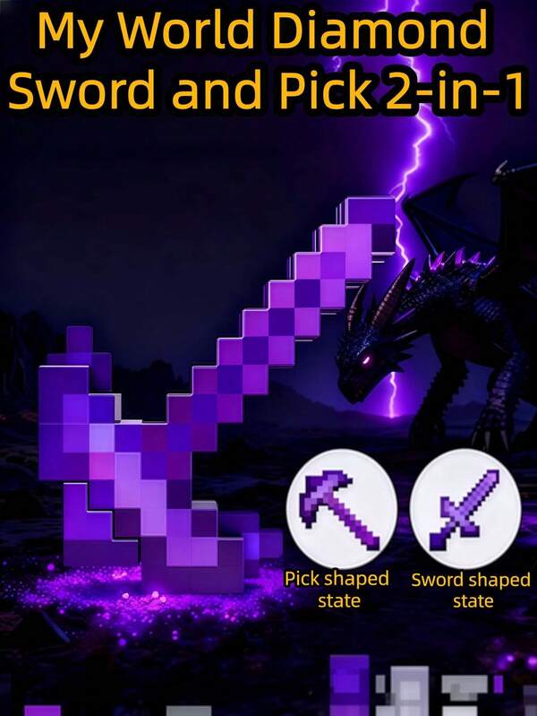 2-In-1 Minecraft Rainbow Glowing Diamond Sword & Pickaxe With Sound Effects And Motion Sensor, Color Changing Sword & Pickaxe Decor Lamp, Minecraft Game Themed Laser Sword Model Lamp, Glowing Model Toy Weapon, Minecraft Game Themed Pixel Style Mining Craft Party Supplies