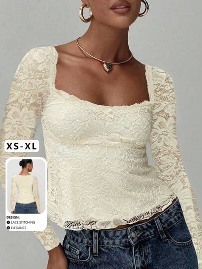 Elegante camiseta de manga larga con diseño de volantes, cuello de encaje y lazo, estilo minimalista y de moda, nueva llegada para otoño, para mujer