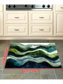 1pc Ombre Green Wavy Pattern Bath Mat, Non-Slip, Machine Washable, Low Pile Knit Fabric, Polyester TPR Blend, Rectangular Bathroom Rug, Decorative Carpet