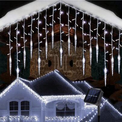 1pc 96LED Outdoor Christmas Ice Column Lights Outdoor Icicle Pendant String Light With 8 Lighting Modes Solar Powered For Home Indoor Outdoor Window Door Patio Yard Balcony New Year Xmas Holiday Party Decoration