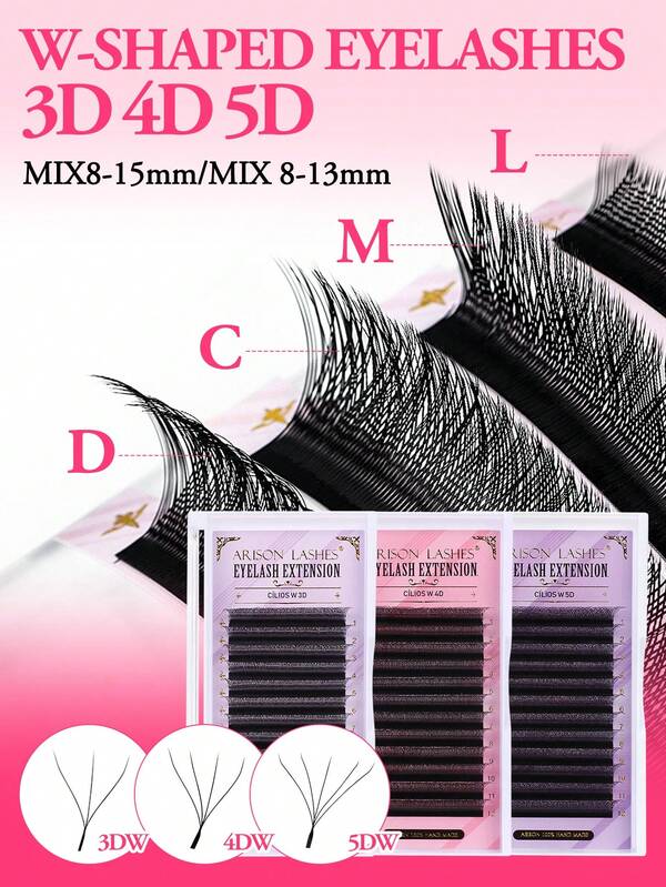 أرسون W-3D/4D/5D 12 صف C/D تجعيد مزيج 8-13 مم شكل W الرموش الصناعية لعيد الميلاد الرموش الأوتوماتيكية مظهر طبيعي رموش فردية مسبقة التجميع