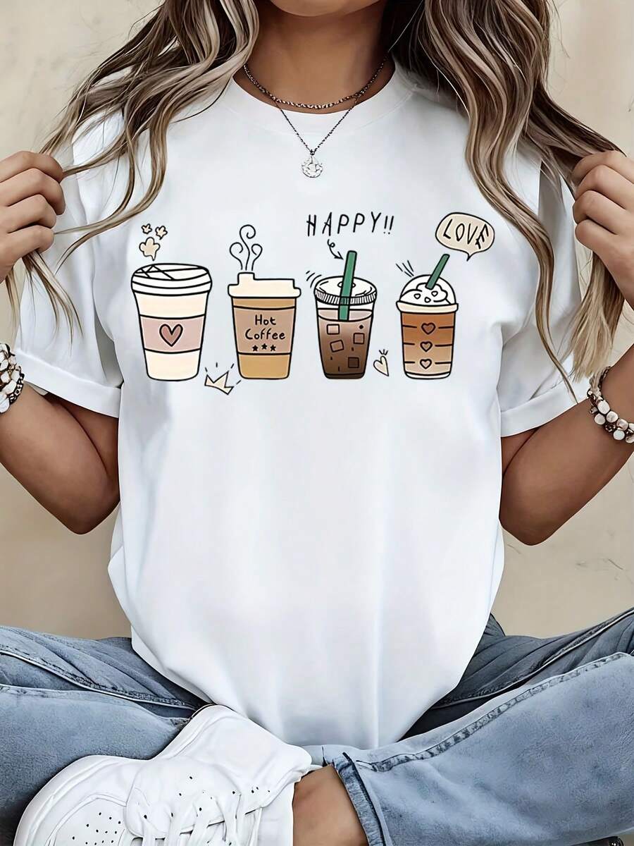 Happy Coffee Lover T-Shirt Women's Cute Coffee Cup Graphic Tee Cartoon Drink Design Short Sleeve Casual Top For Coffee Enthusiasts For Thanksgiving, New Year, Christmas And Halloween Gifts - 白色 - 查看 1