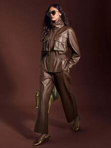 Sollinarry 女士春季新款仿皮夹克套装（含口袋和高领）及裤子两件套，时尚通勤冬季穿搭 - 咖色 - 查看 2