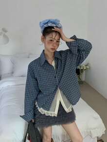 秋季新款小众格纹荷叶边下摆休闲复古拼接宽松长袖衬衫 春季 - 藍色 - 查看 2