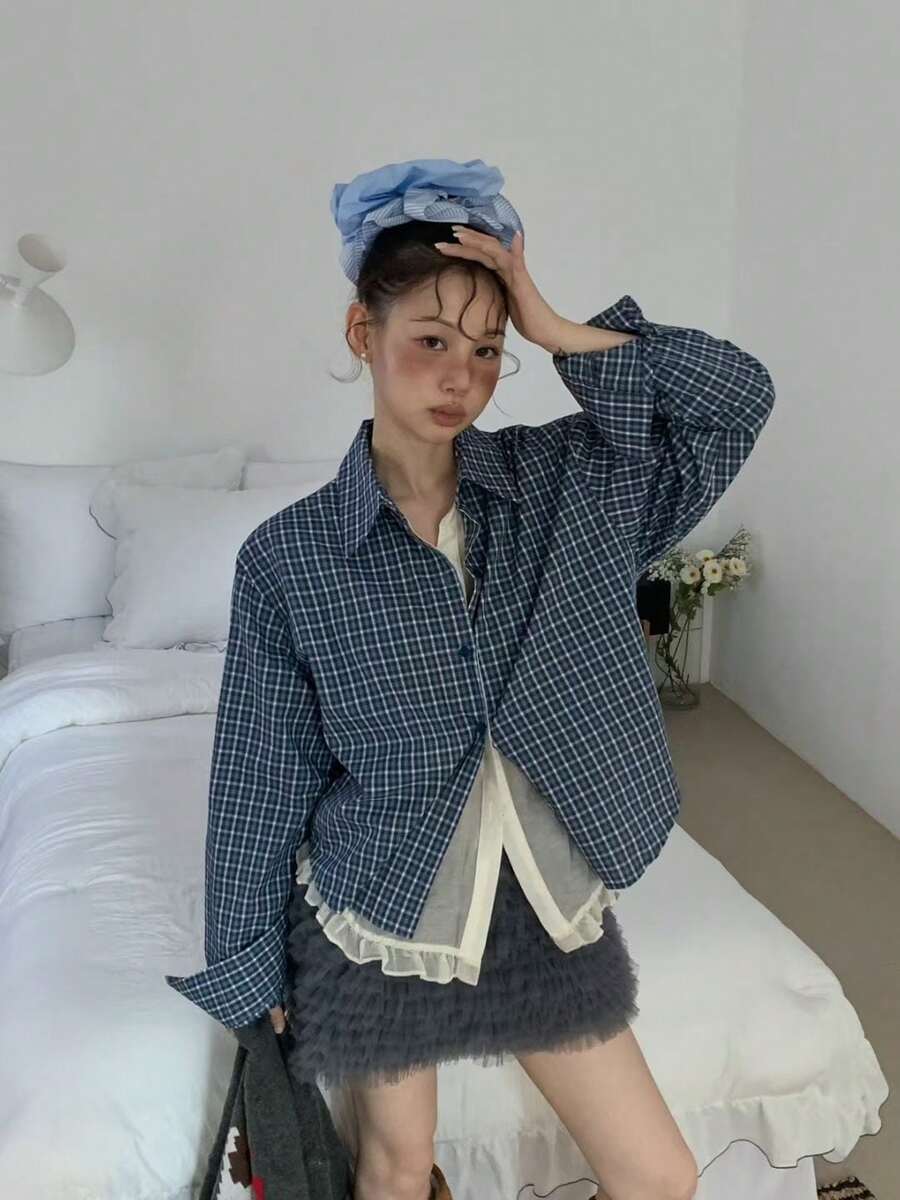 秋季新款小众格纹荷叶边下摆休闲复古拼接宽松长袖衬衫 春季