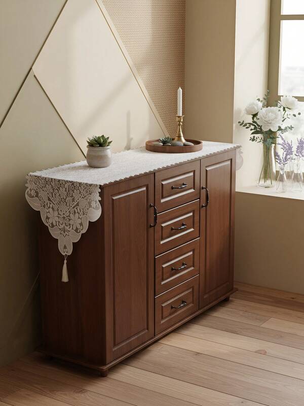 1pc Vintage Floral Lace Tassel Table Runner, Minimalist Design For Living Room, Kitchen, Dining Table, Holiday Decor