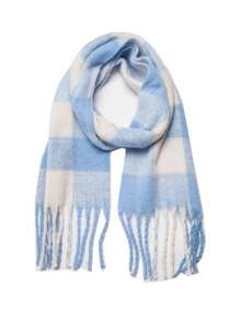 1条时尚多色条纹格纹抓绒保暖围巾，波西米亚风休闲防风情侣披肩，舒适毯式围巾，适合秋冬季日常穿着搭配连衣裙 - 藍白色 - 查看 5