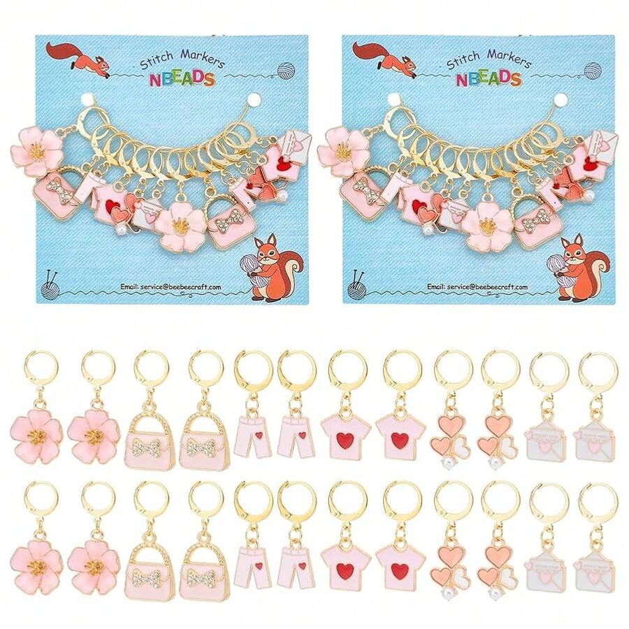 24 Pcs Pink Themed Stitch Markers, Envelope/Heart/Flower/Purse/Pants/T-Shirt Alloy Enamel Charms Removable 304 Stainless Steel Hoop Locking Stitch Marker For Sewing Accessories{"Color_name":"6StylePinkTheme"} - 6Style粉紅主題 - 查看 1