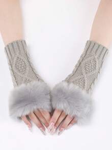 زوج من القفازات القصيرة بدون أصابع مزخرفة بشكل معين للنساء، قفازات مفتوحة الأصابع محبوكة دافئة للموضة في فصلي الخريف والشتاء - رمادي فاتح - مشاهدة 2