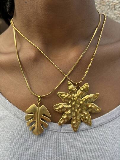 Exaggerated Floral & Leaf Pendant Necklace, Fashionable Stainless Steel Necklace Jewelry