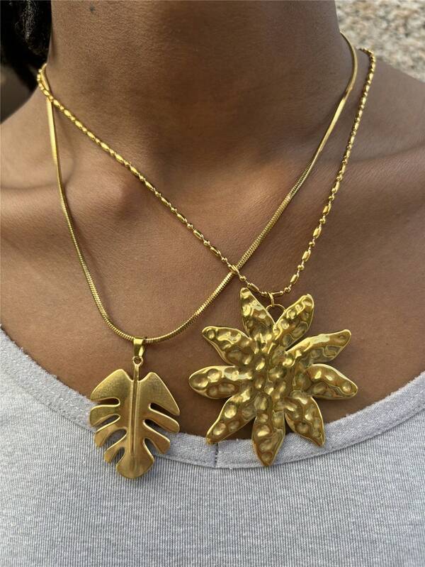Exaggerated Floral & Leaf Pendant Necklace, Fashionable Stainless Steel Necklace Jewelry