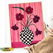 1pc Floral Check Vase Print: Berry Pink Wall Art - Multicolor - View 5