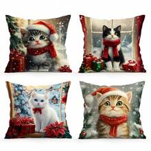 4pcs Christmas Cat Pattern Set - Single-Sided Printed Throw Pillow Cover 45*45cm - Multicolor - View 13