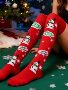 一双女士圣诞主题过膝袜，印有雪人和圣诞树图案，适合舞台表演、角色扮演、圣诞派对、活动、婚礼等场合，冬季保暖舒适。 - 彩色 - 查看 3