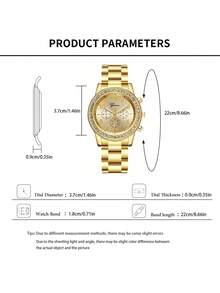 6件套时尚女士圆形钢带石英手表，百搭圆形钻石表盘手表，可与手链、项链、耳环、戒指和其他珠宝搭配成一套珠宝，适合日常佩戴、正式场合和其他场合，也可用于节日装饰。 - 金色 - 查看 5