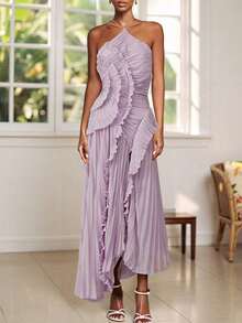 Women Ruffle Pleated Long Dress Sleeveless Halter Irregular Tiered Pleated Flowy Chiffon Dresses For Wedding Guest Cocktail Party - 紫色 - 查看 1